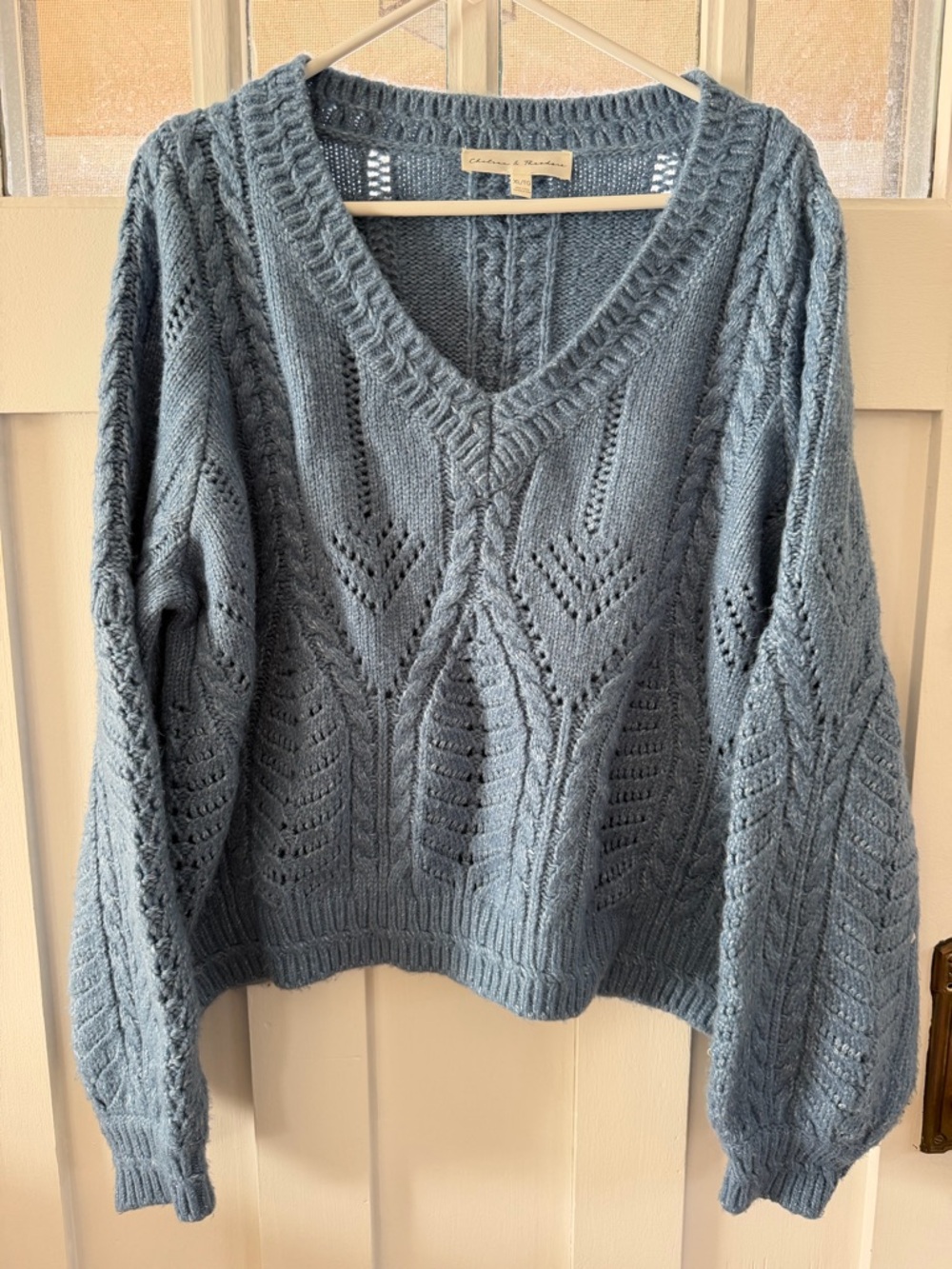 Chelsea & Theodore Light Blue V-Neck Cable Knit Sweater